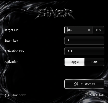 Actual S1NZR Macro interface showing Target CPS, Spam key, Activation key, Toggle and Hold, Customize, Shut down, and MB4 to hide.